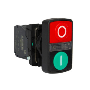 Кнопка двойная LA37-B5W71WM5P, 1NO+1NC, 3A(240VAC), зеленая "I" START и красная "O" STOP, LED подсветка 230VAC, фронт IP66 фото