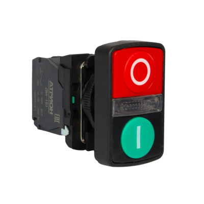 Кнопка двойная LA37-B5W71WM5P, 1NO+1NC, 3A(240VAC), зеленая "I" START и красная "O" STOP, LED подсветка 230VAC, фронт IP66 фото